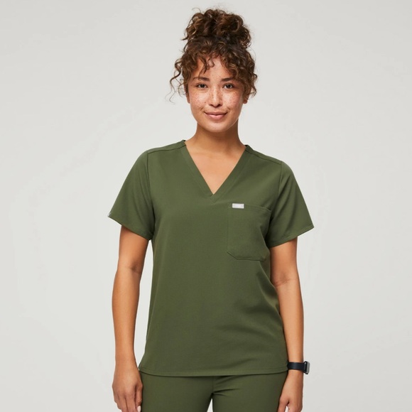 Figs Dark Olive V-Neck Short Sleeve Tee - Picture 1 of 5